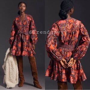 Anthropologie Farm Rio Floral Ruffle Smocked Button Front Mini Dress Petite NWT